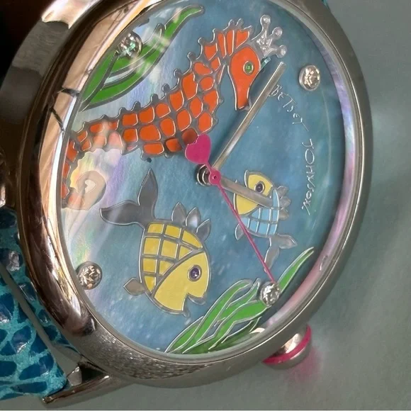 RARE Betsey Johnson Sealife Crystal Accented Teal Croc Leather Buckle Band Watch
